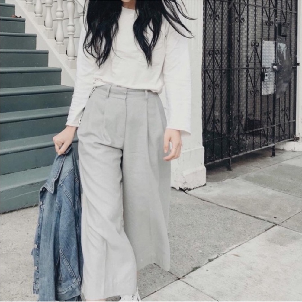 COS Gray Cropped Pleated Wide Leg Wool Trousers, 2 (EU 34), Minimalist Tailored